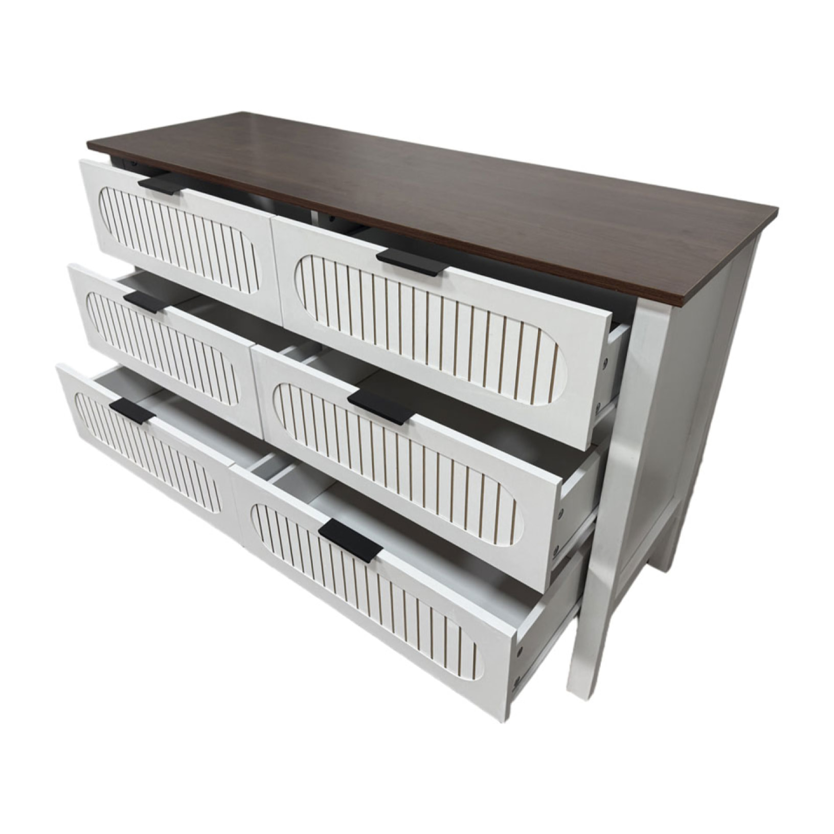 NORTH Commode 6 tiroirs blanc rainuré et bois 120cm