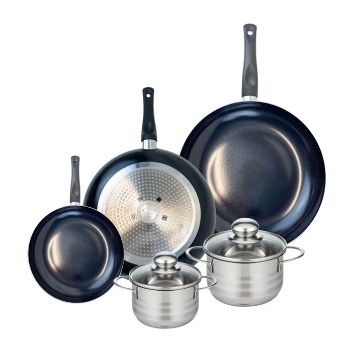 Ensemble de 3 Poêles de cuisson 20, 28 et 32 cm et 2 faitouts 14 et 16 cm Elo Prima Brillant