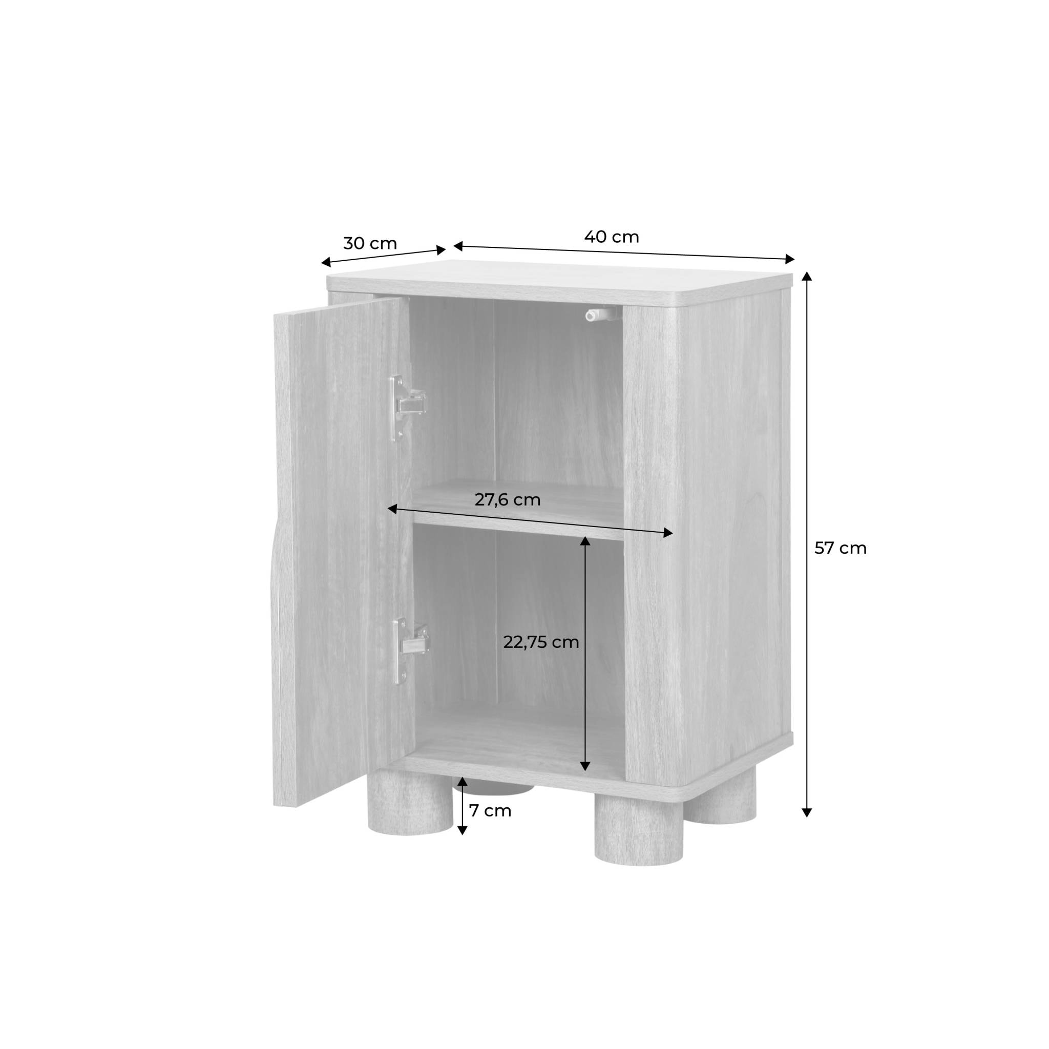 Lot de 2 tables de chevet exotiques MDF effet bois de manguier et pieds arrondis. 1 porte et 1 étagère