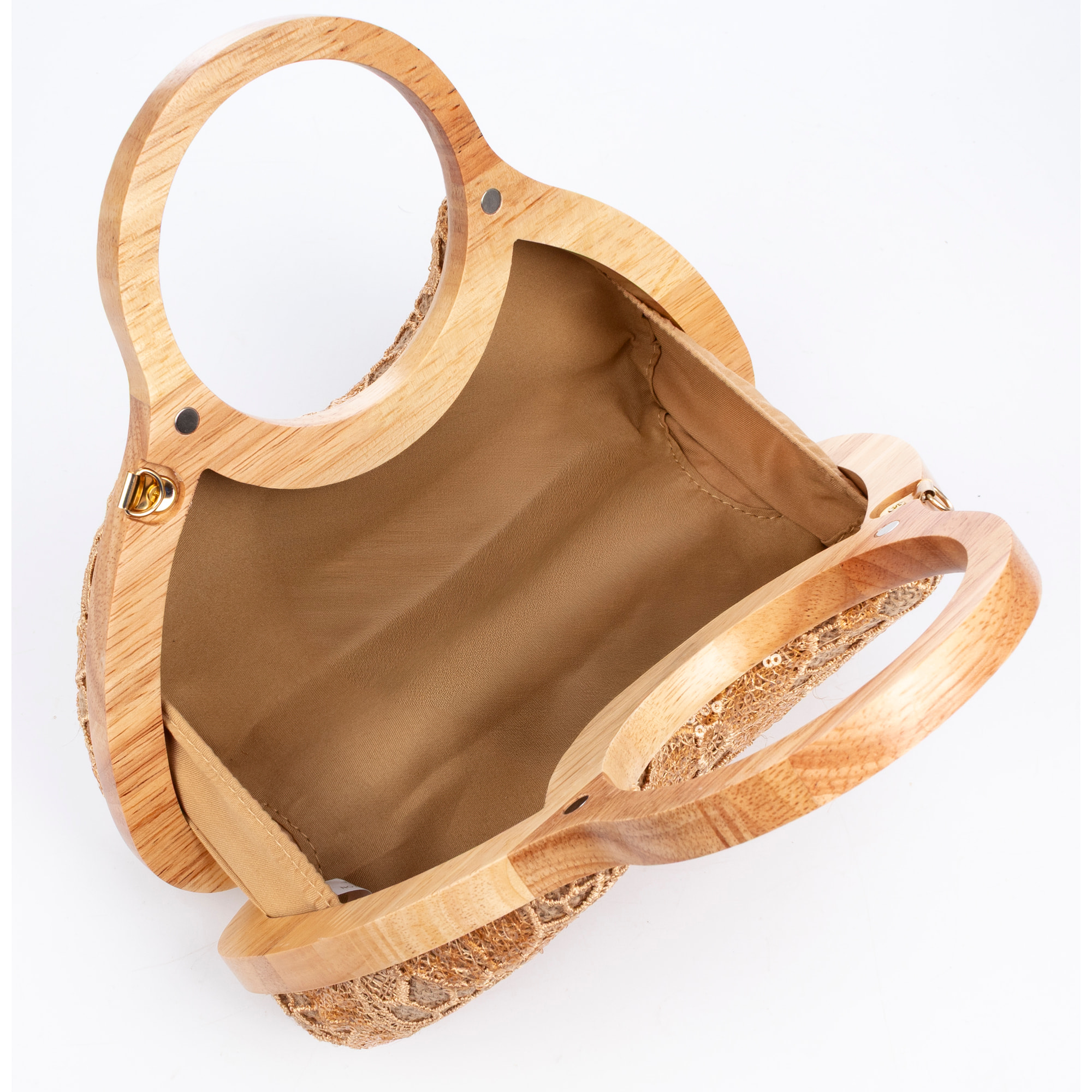 Avisio borsa a mano realizzata in legno naturale, cotone e juta con design a rete di tessuto floreale