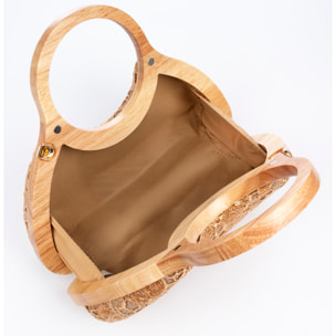 Avisio borsa a mano realizzata in legno naturale, cotone e juta con design a rete di tessuto floreale