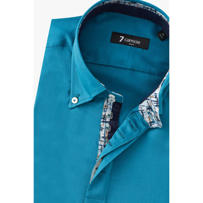 Camicia Uomo 2 Bottoni Button Down Slim Satin Unito Verde Ottanio