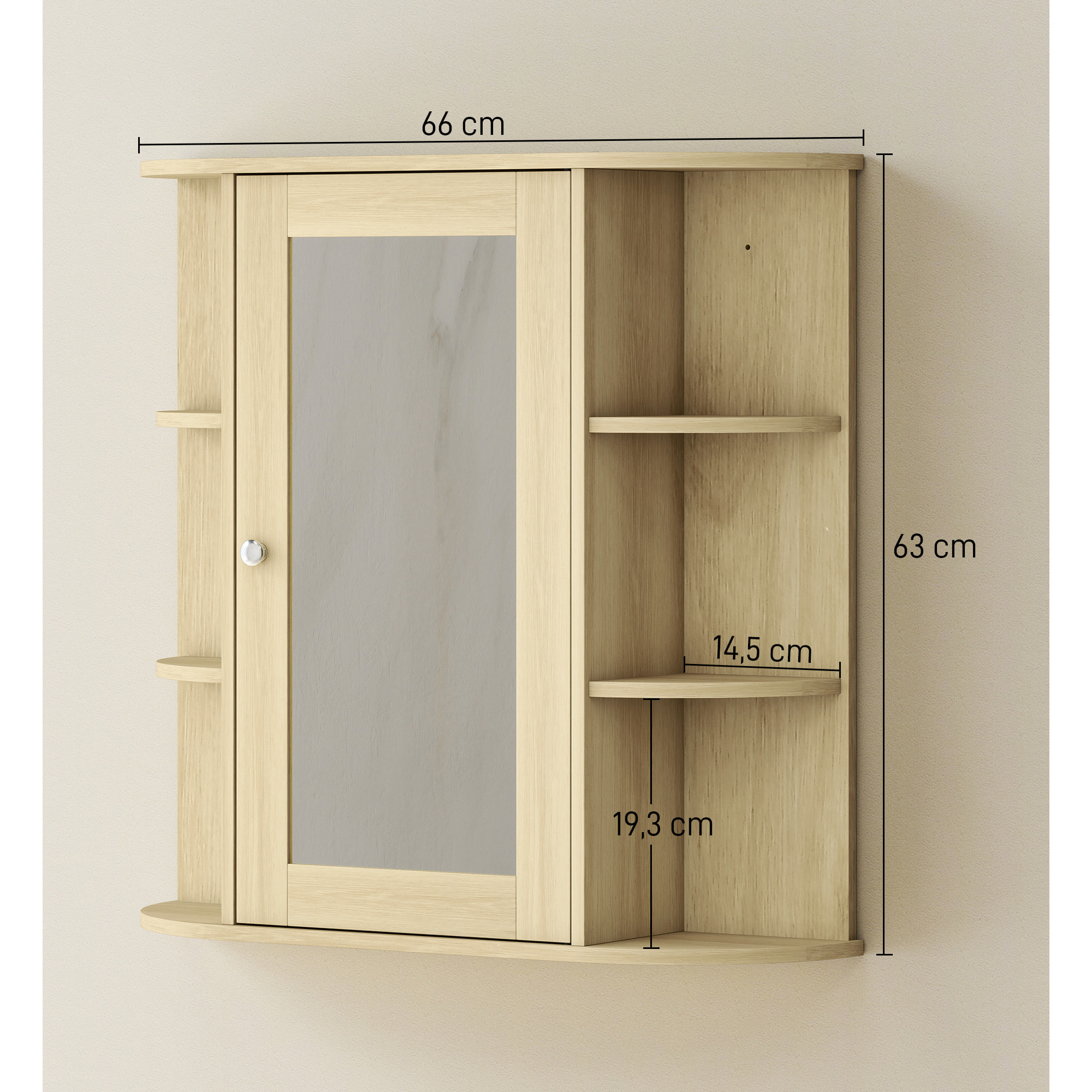 Armario de Baño con Espejo, Armario de Pared con Puerta, Estantes Abiertos, Mueble de Baño Colgar para Cocina, Salón, 66x17x63 cm, Natural