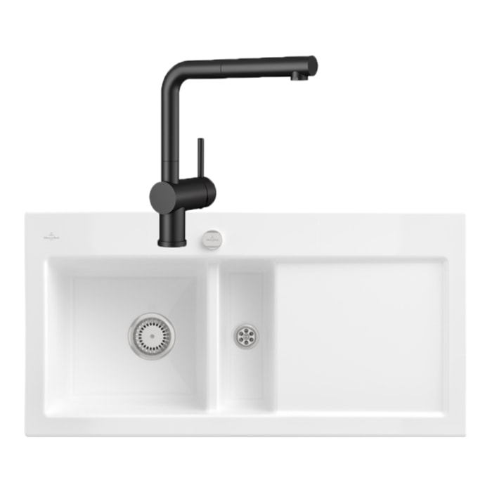 Evier Subway Pure 60 1 bac et demi égouttoir à droite vidage auto + Robinet Steel Shower Anthracite