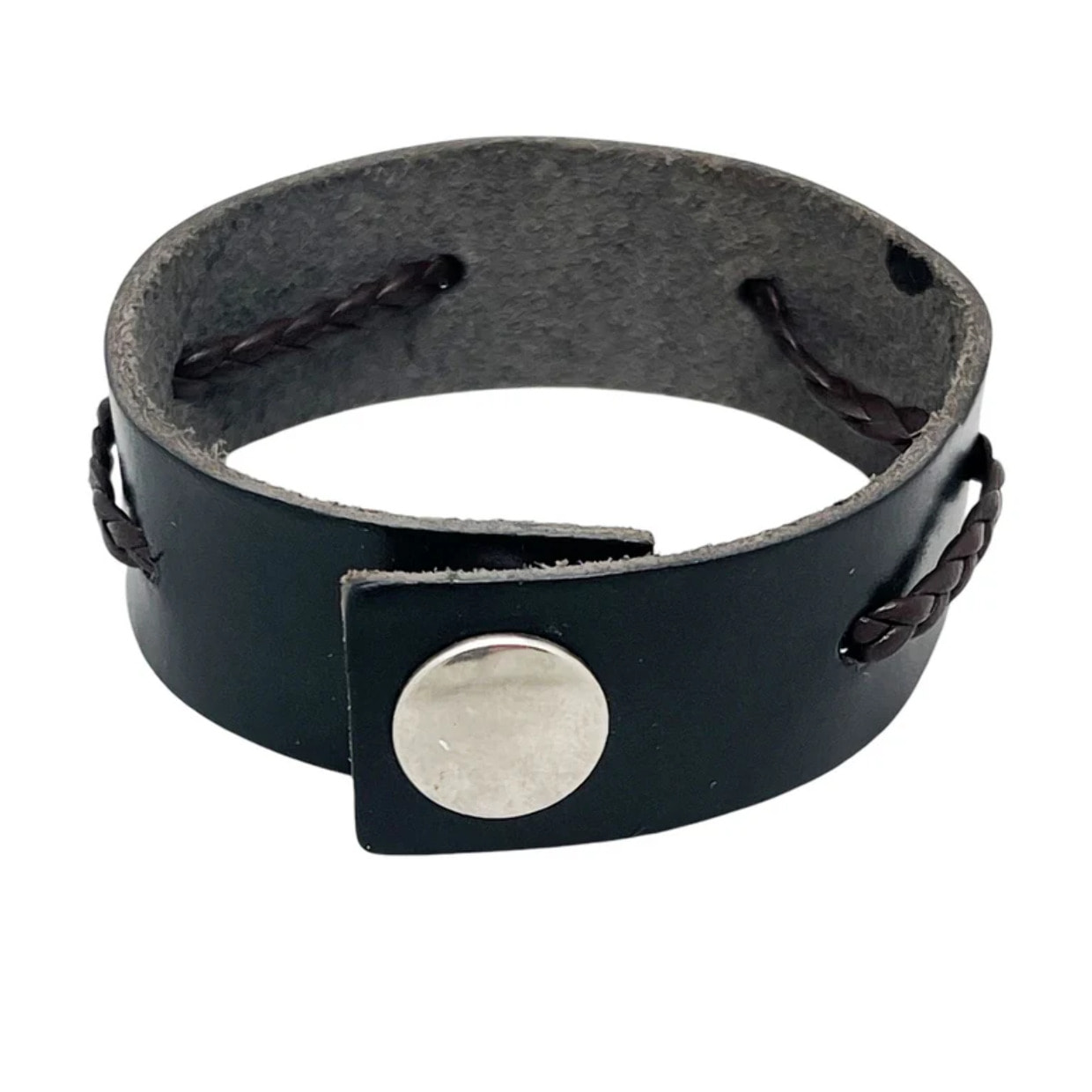 Pulsera brazalete en piel negro con trenzado