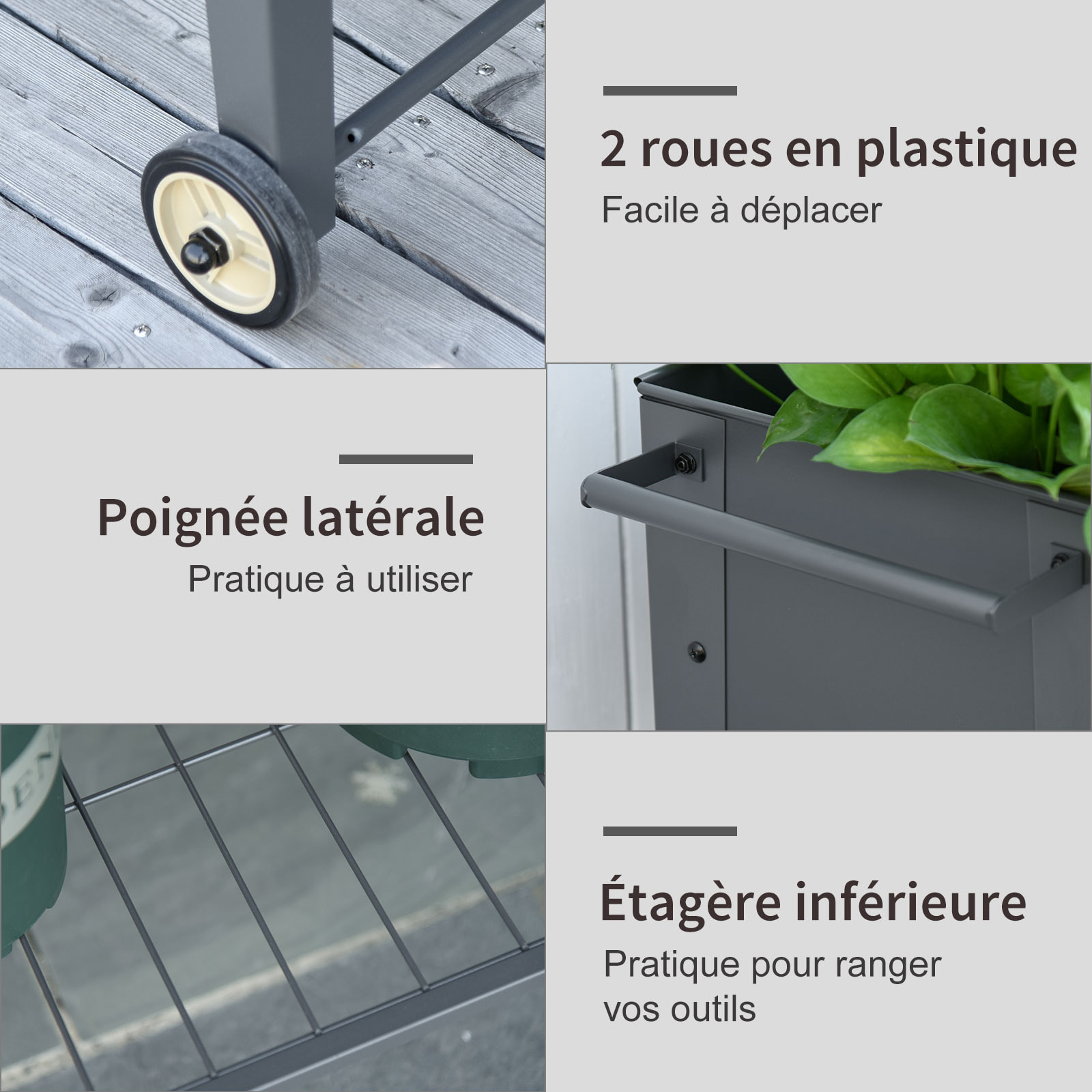 Jardinière sur pieds potager dim. 104L x 39l x 80H cm étagère 2 roues + insert d'irrigation métal gris