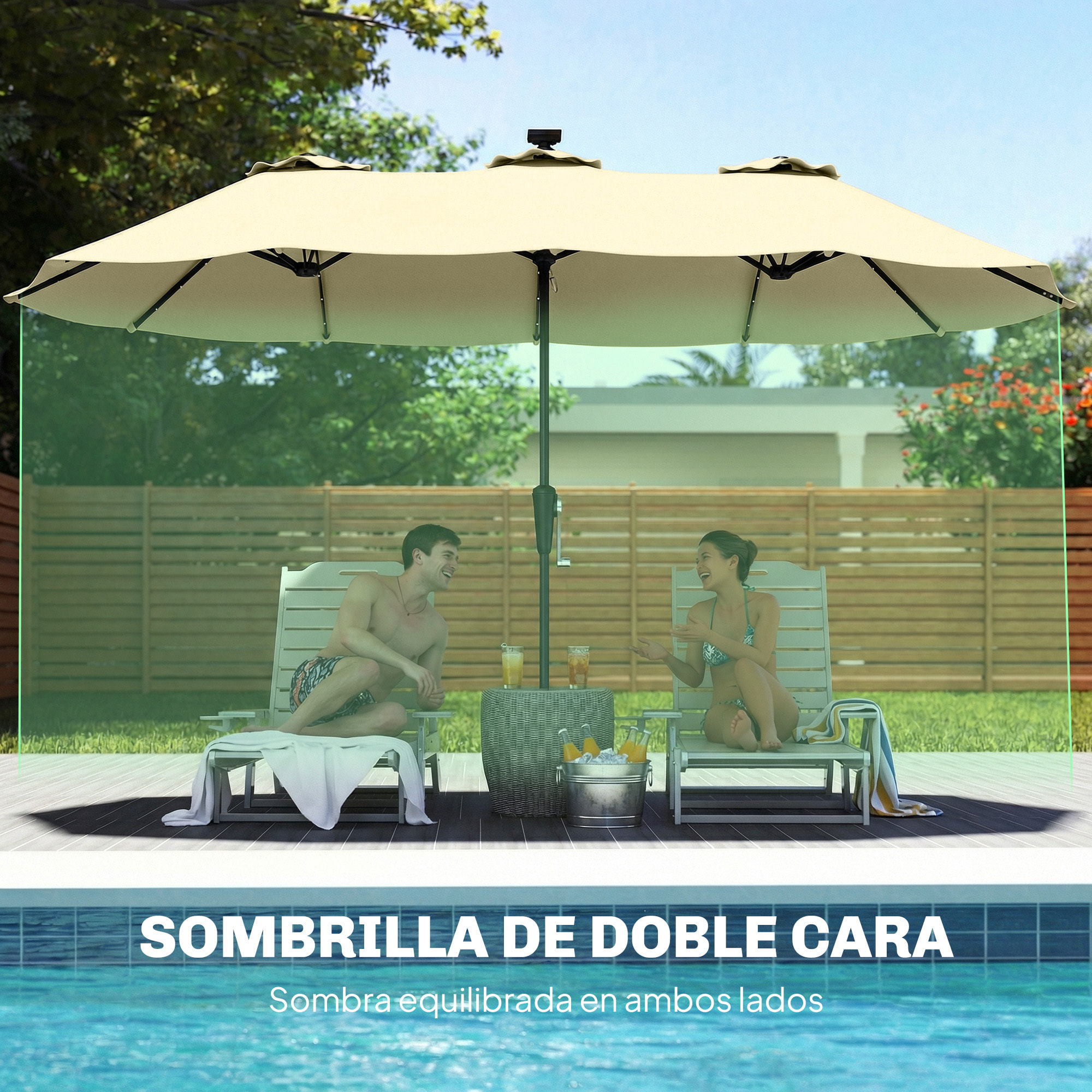 Sombrilla Doble con 36 Luces LED Solares, 4x2 m, Sombrilla Terraza Exterior con Manivela, UPF50+, 12 Varillas, Resistente al Agua, Parasol para Jardín, Terraza, Patio, Beige