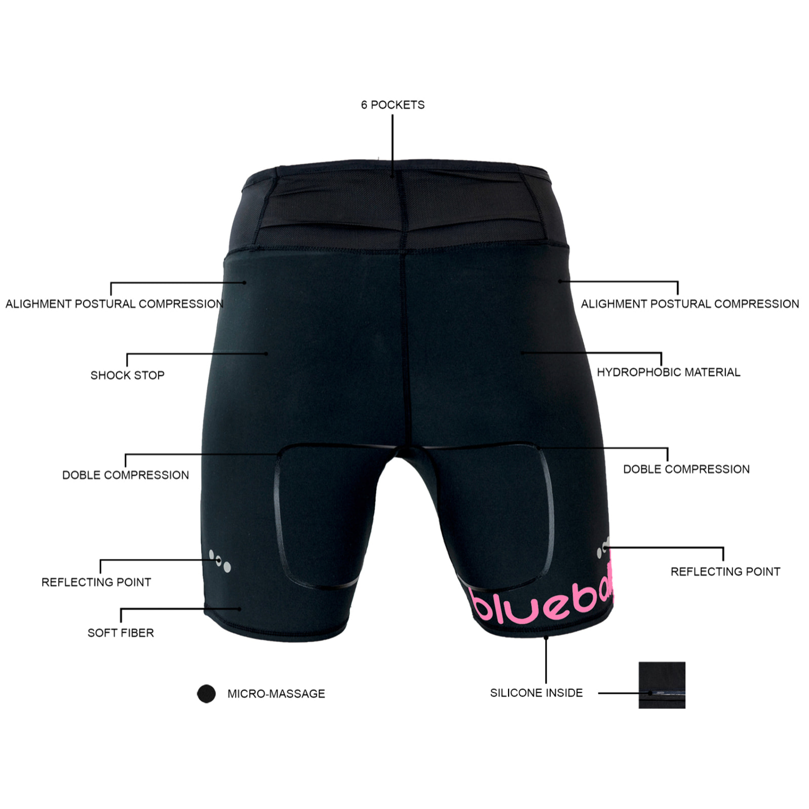 MALLAS DE COMPRESIÓN RUNNING PARA MUJER DE LARGO CORTO BLUEBALL EN NEGRO CON LOGO ROSA