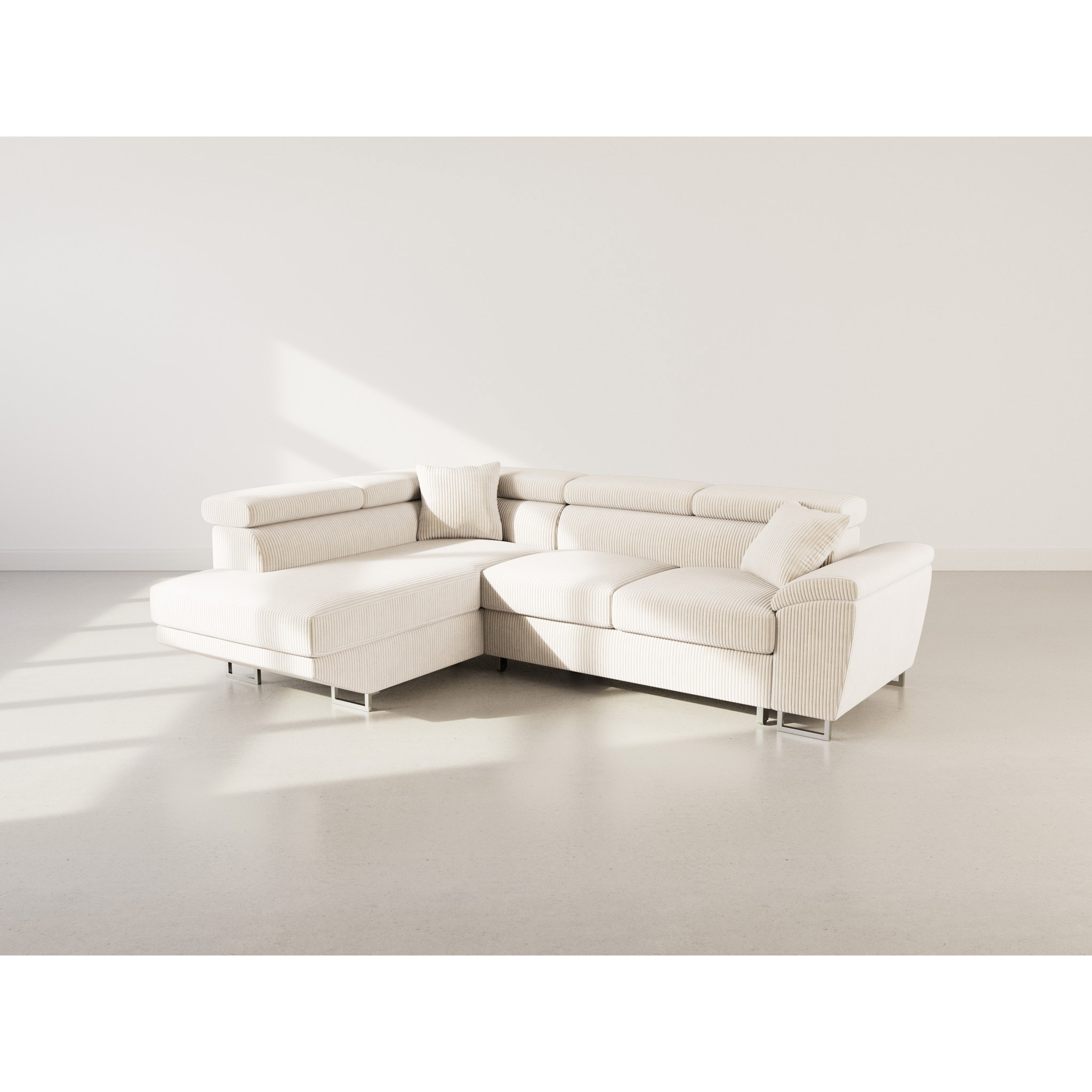 Baoji - Canapé d'angle gauche 5 places convertible avec têtières et coffre en velours côtelé - Beige