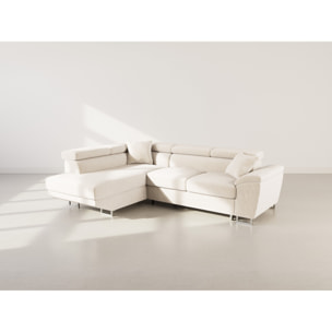 Baoji - Canapé d'angle gauche 5 places convertible avec têtières et coffre en velours côtelé - Beige