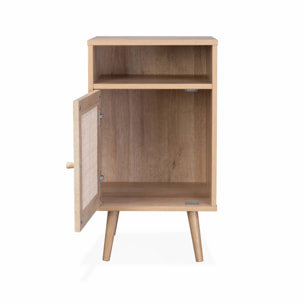 Lot de 2 tables de chevet en cannage - Bohème - 40x39x70cm Naturel - 2 niveaux - 1 portes - 1 espace de rangement - pieds scandinaves