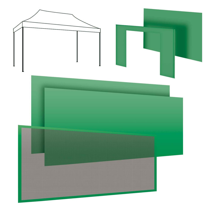 Set completo per gazebo 3x4m: 2 teli laterali 4,5 + 1 telo laterale 3m + telo porta + telo zanzariera verde