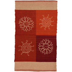 Tappeto SUMMER ROSSO disegno sole e fiori 100% cotone annodati a mano, tappetino stuoia bagno multiuso lavabile