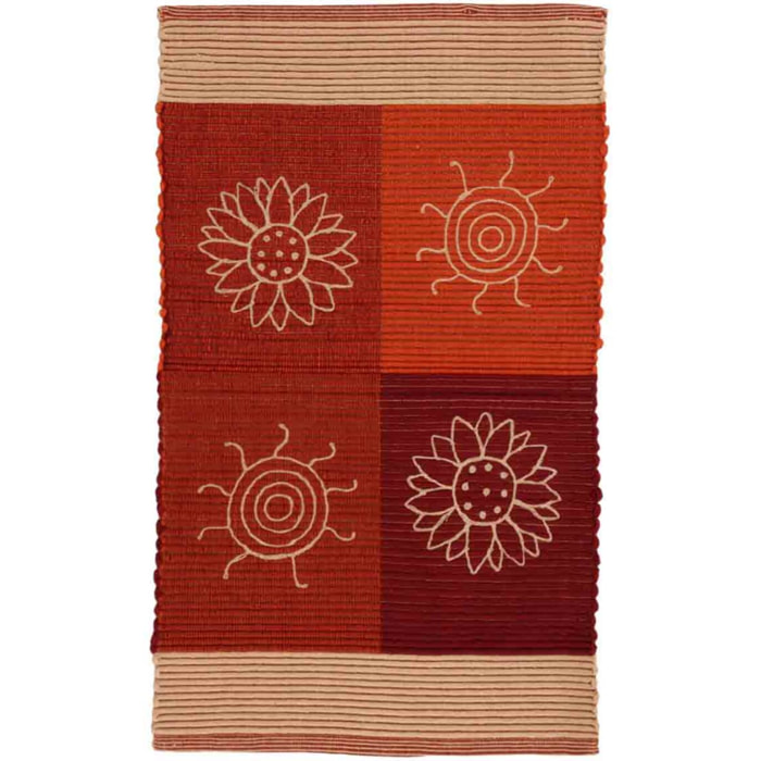 Tappeto SUMMER ROSSO disegno sole e fiori 100% cotone annodati a mano, tappetino stuoia bagno multiuso lavabile