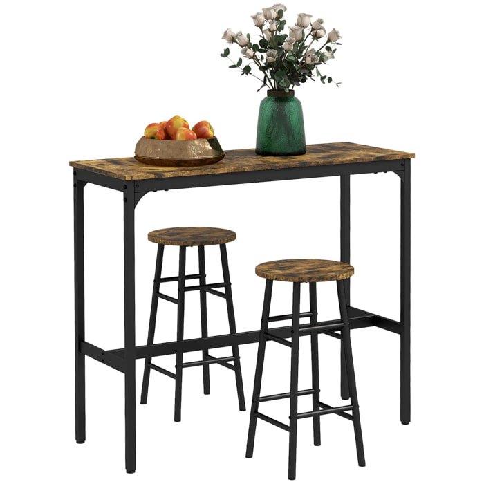 Ensemble 2 places 3 pièces design contemporain - table de bar, 2 tabourets de bar - acier noir aspect bois vieilli