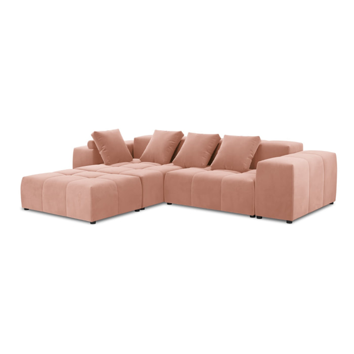 Canapé d'angle symétrique modulable "Rome" 5 places en velours rose