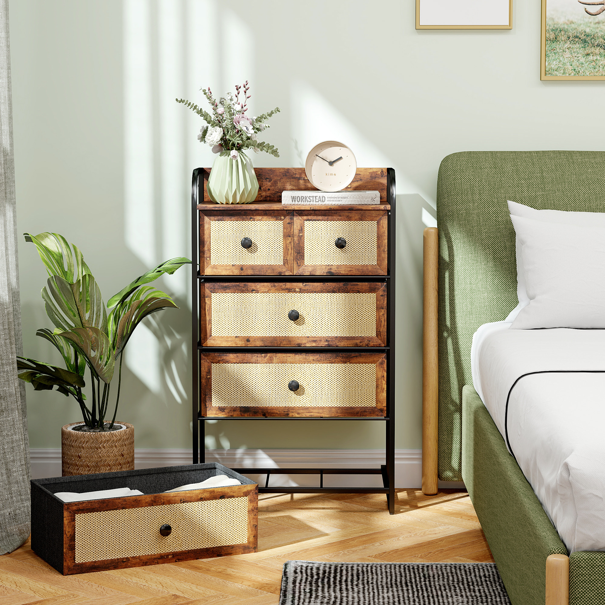 Cómoda para Dormitorio Cajonera de Tela con 5 Cajones Plegables con Frentes de Ratán y Marco de Acero Cajonera para Dormitorio Salón Marrón Rústico