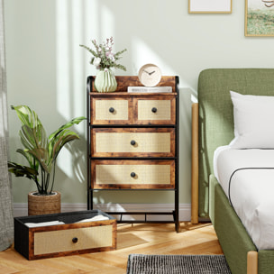 Cómoda para Dormitorio Cajonera de Tela con 5 Cajones Plegables con Frentes de Ratán y Marco de Acero Cajonera para Dormitorio Salón Marrón Rústico