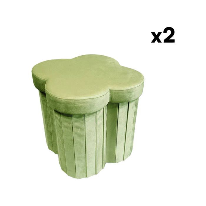 Lot de 2 tabourets-coffre pliables pour enfant avec assise en velours vert et en forme de fleur