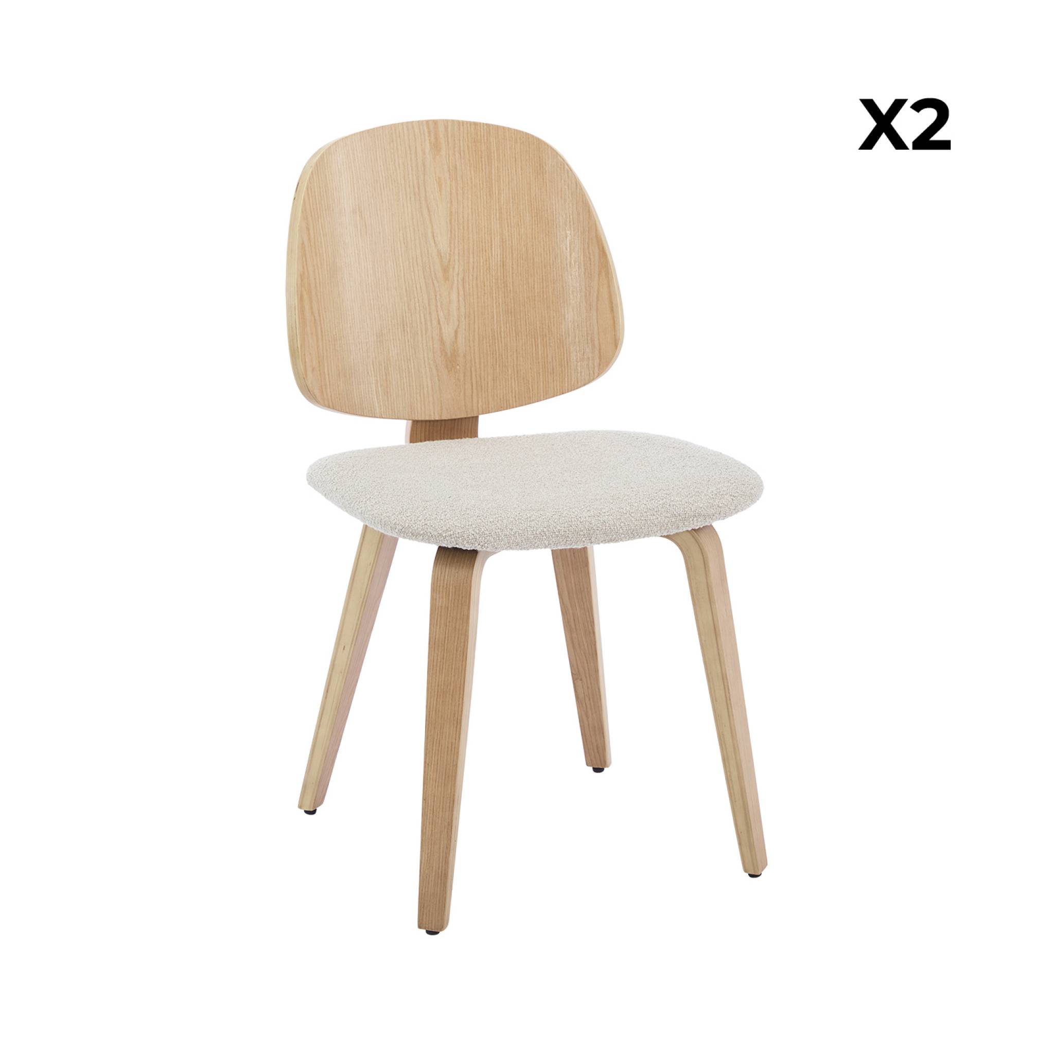 Lot de 2 chaises décor bois courbé placage effet chêne et bouclette texturée gris clair