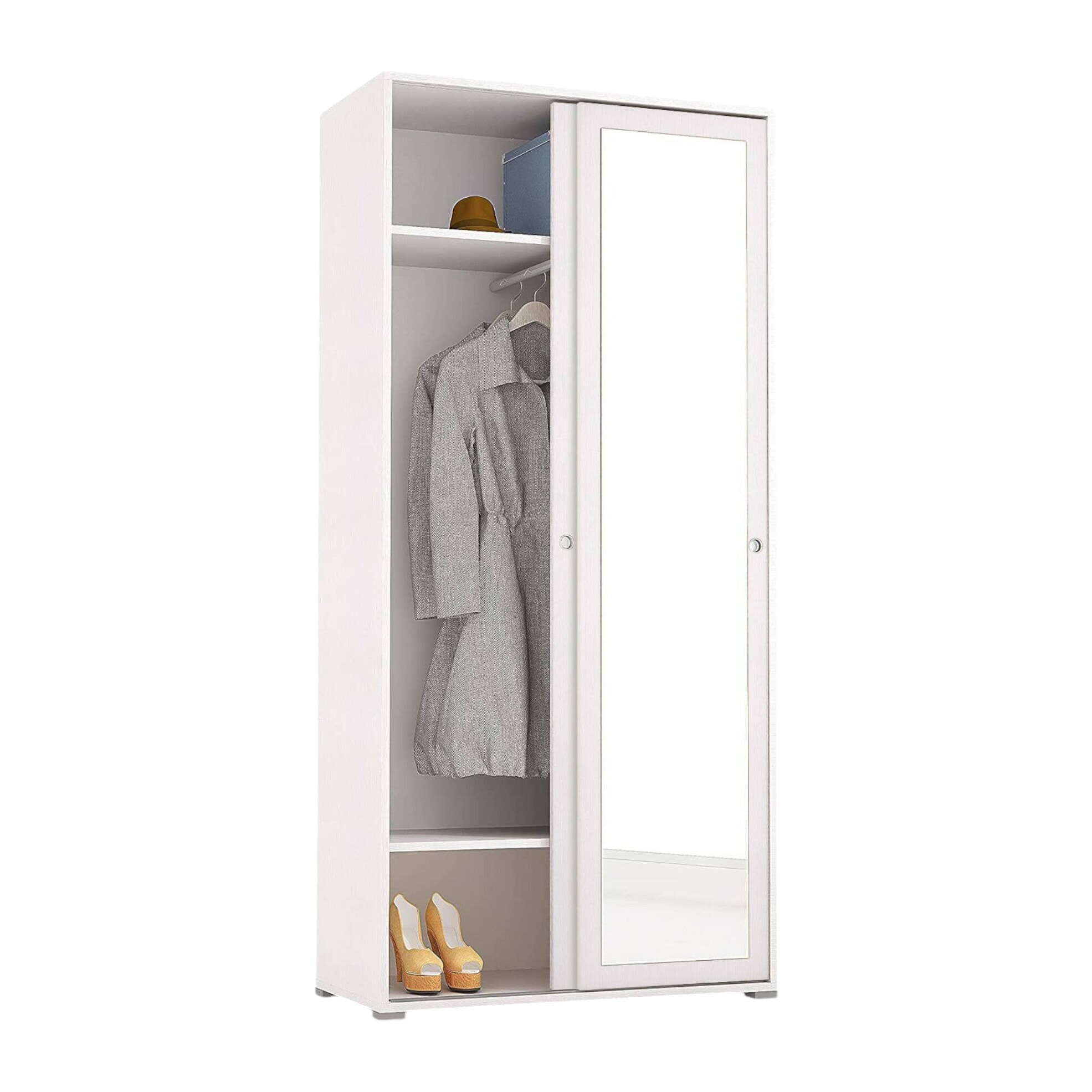 Guardaroba Tulipano, Armadio a 2 ante scorrevoli e specchio, Mobile con barra appendiabiti e ripiani, 100% Made in Italy, Cm 90x45h195, Bianco