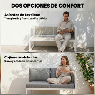Conjunto de Muebles Jardín Exterior de 4 Piezas Sofá Exterior Seccional Forma de L con 3 Sofás de 2 Plazas Asiento de Textilene Mesa con Tablero Efecto Madera WPC Cojines Gris Claro y Blanco