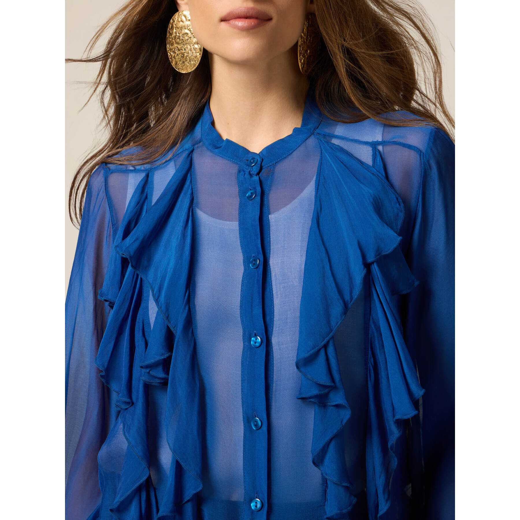 Oltre - Camicia misto seta con volant - Blu