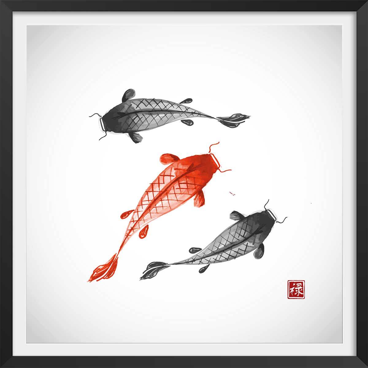 Affiche dessin carpes koï Affiche + cadre en bois - Noir