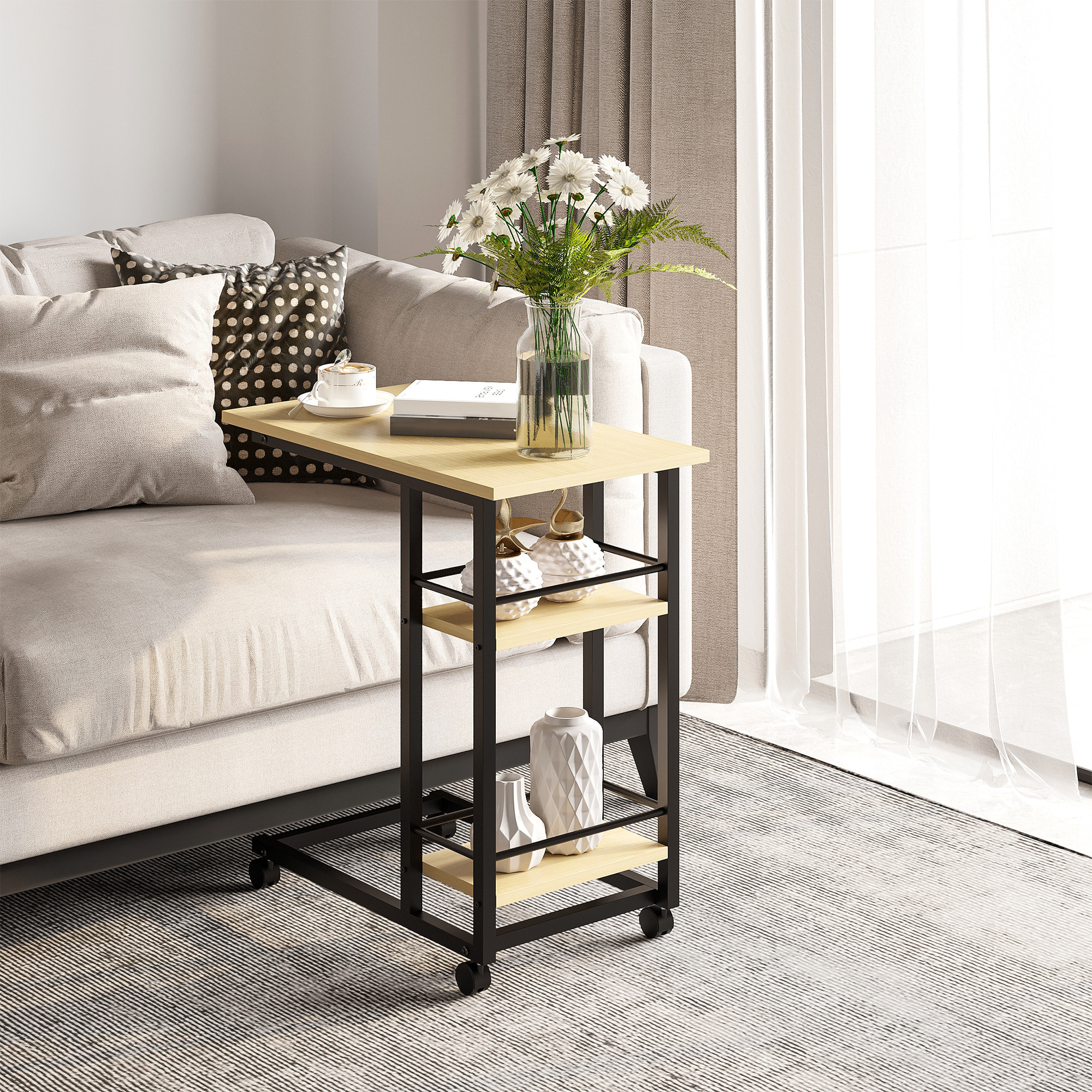Mesa Auxiliar con Ruedas Forma de C con 2 Estantes para Sofá Cama 60x34,5x64,5cm