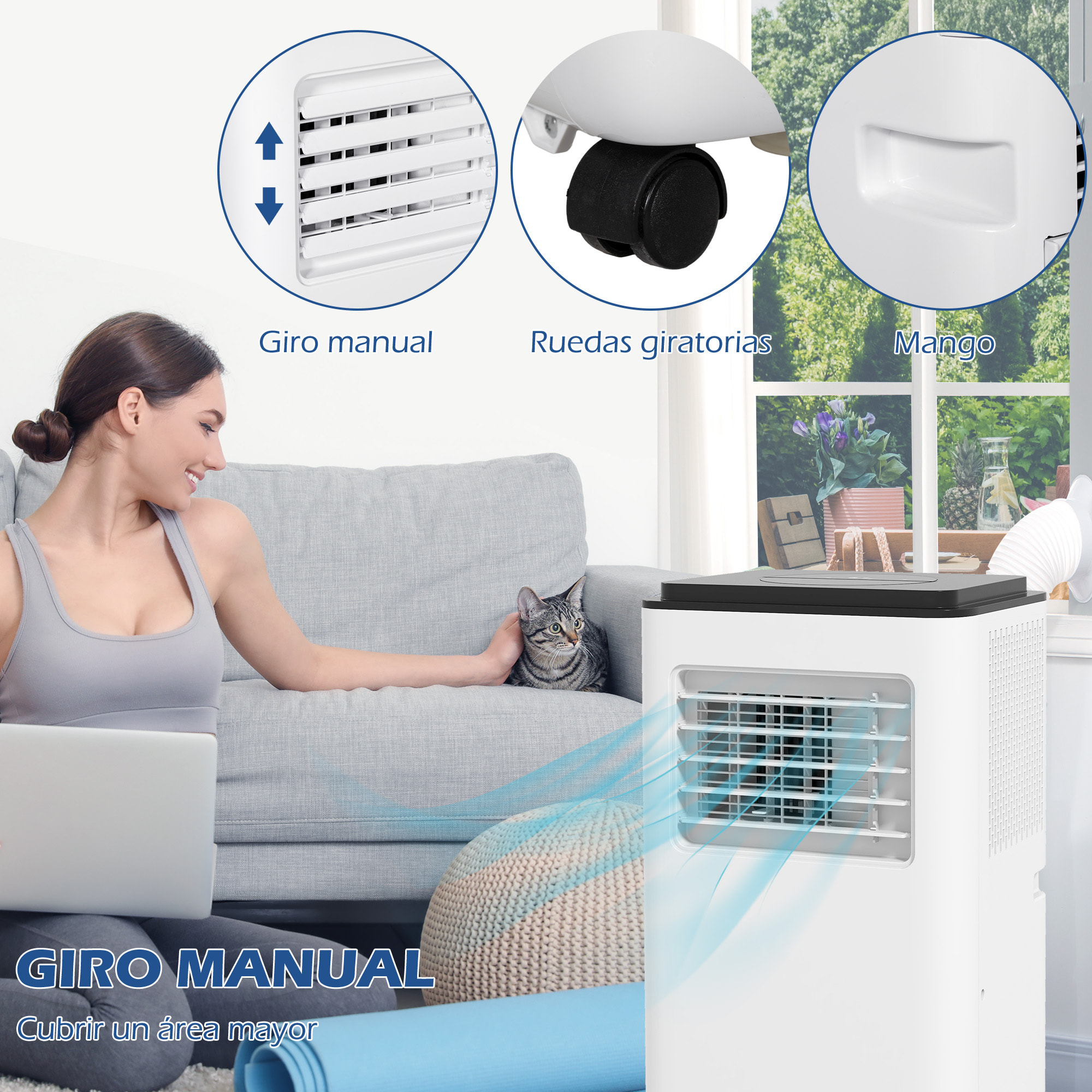 Aire Acondicionado Portátil 5 en 1 10000 BTU 2900W Enfriador Ventilador Deshumidificador 26 L/Día con Control Remoto Pantalla LED Temporizador 24h para Habitación 22m² 33x28x70,4 cm Blanco