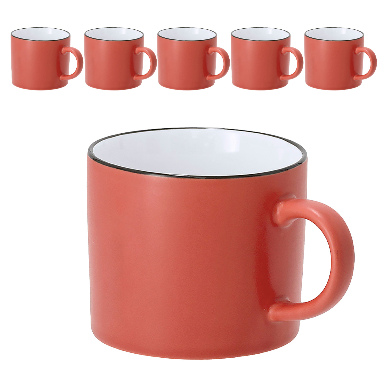 Pack de 6 Tazas de cerámica de 400 ml de capacidad de acabado exterior mate y borde en color negro.