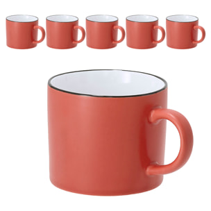 Pack de 6 Tazas de cerámica de 400 ml de capacidad de acabado exterior mate y borde en color negro.