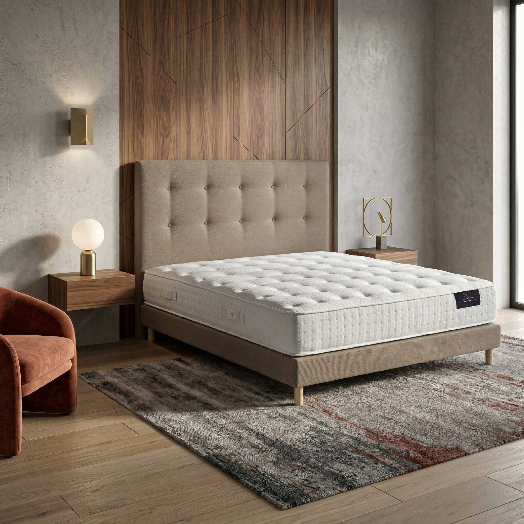 Ensemble COMÈTE + tête de lit capitonnée - Matelas ressorts ensachés 27 cm - sommier et tête de lit taupe