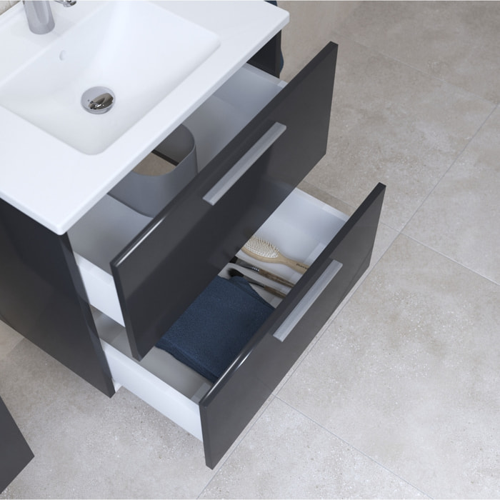 Set Mia ensemble meuble 59x61x39,5cm avec miroir, lavabo, éclairage LED + armoire 145x35x35cm, Anthracite brillant