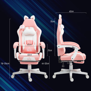 Silla Gaming con Orejas Silla Gamer Reclinable con Altura Ajustable Reposapiés Retráctil Soporte Lumbar y Reposacabezas Desmontable Silla para Oficina Estudio Rosa