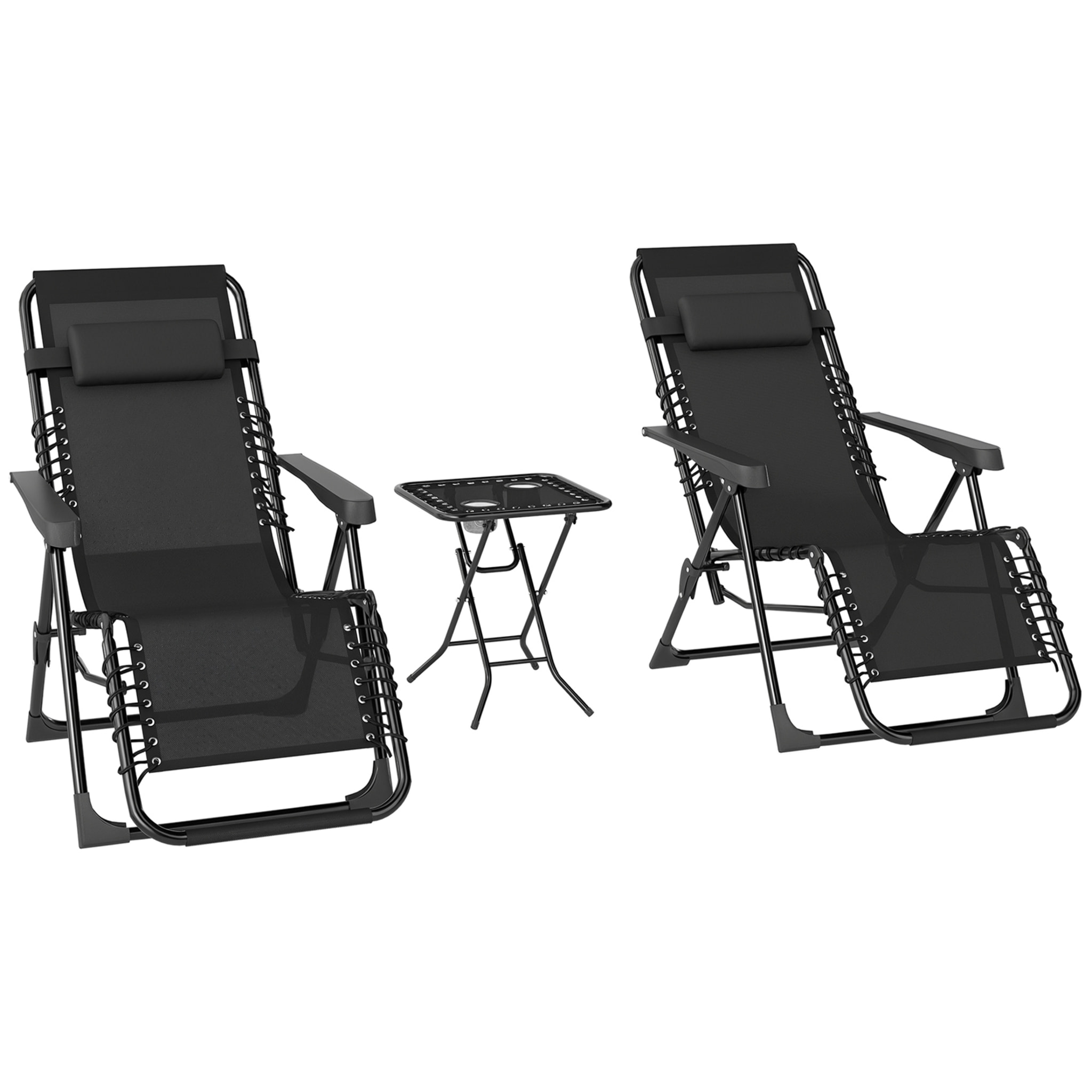 Set de 2 Tumbonas Jardín Exterior Plegables con Mesa Auxiliar Portavasos Tumbonas de Gravedad Cero con Respaldo Ajustable Reposabrazos Extraíble para Patio Piscina Terraza Exterior Negro