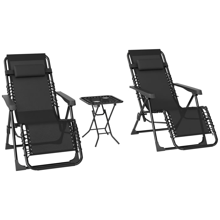 Set de 2 Tumbonas Jardín Exterior Plegables con Mesa Auxiliar Portavasos Tumbonas de Gravedad Cero con Respaldo Ajustable Reposabrazos Extraíble para Patio Piscina Terraza Exterior Negro