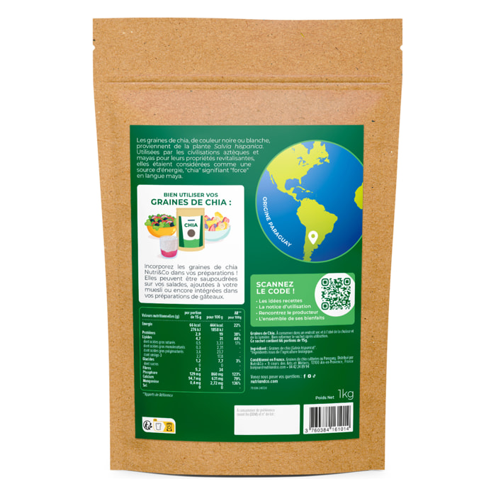 Nutri&Co Graines de Chia Bio - Riches en Oméga-3, fibres et protéines - 1kg Vegan