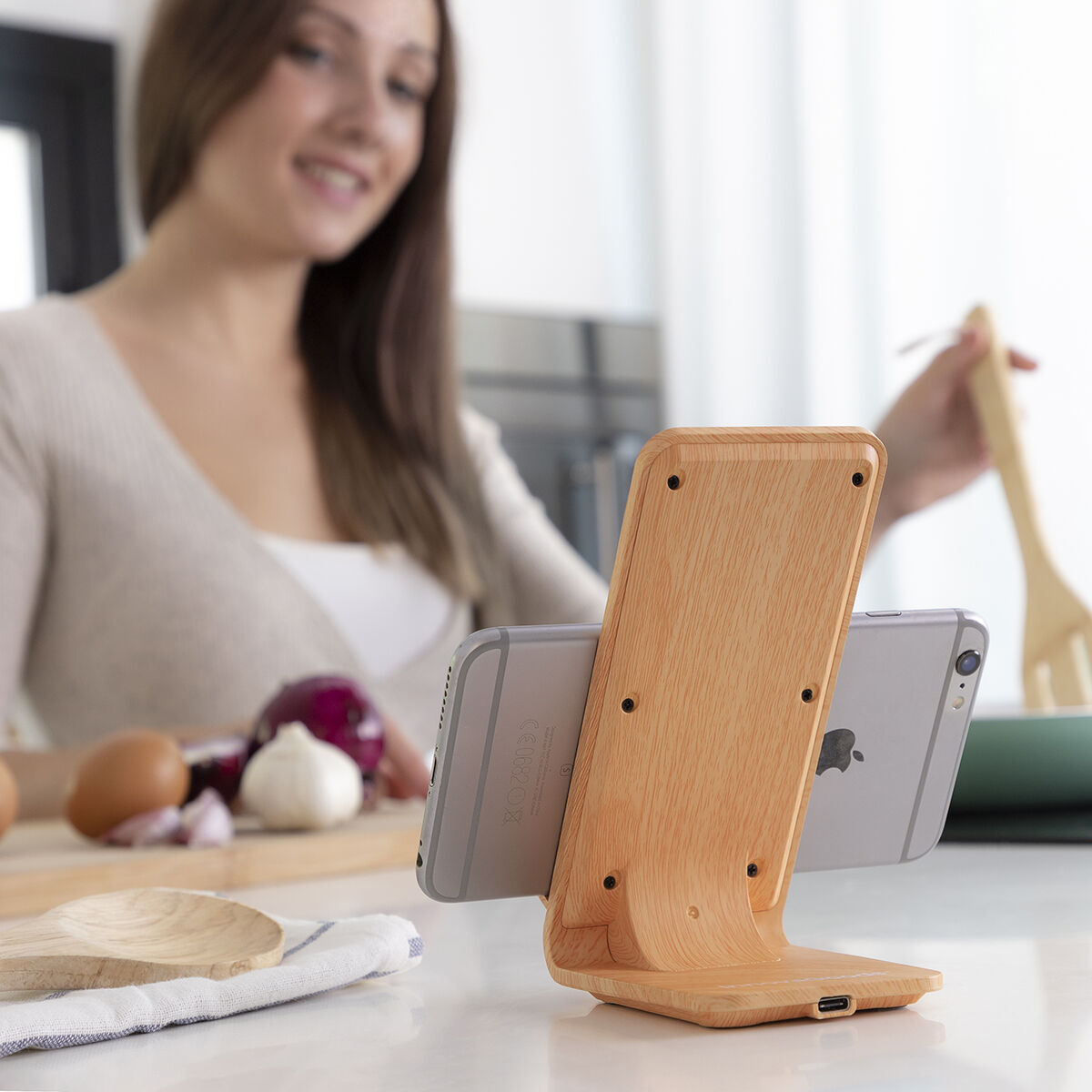 Caricabatterie Senza Fili Effetto Legno con Supporto Qistan InnovaGoods