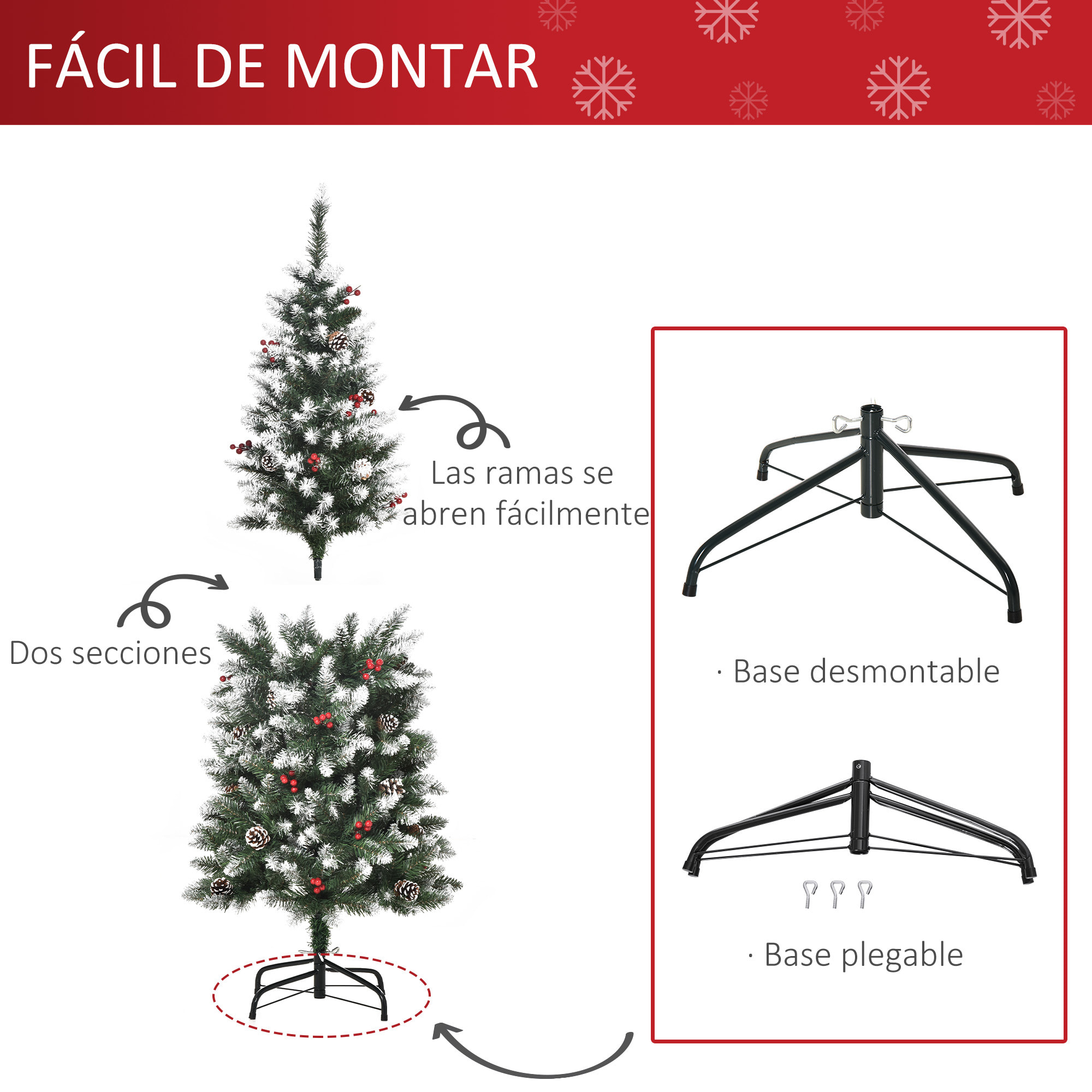 HOMCOM Árbol de Navidad Artificial Plegable 150 cm con Nieve Ignífugo con 408 Ramas 28 Bayas 24 Piñas Hojas de PVC Apertura Automática y Soporte Metálico Decoración Navideña para Interior Verde