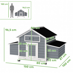 Gallinero de Madera para Exterior, Caseta para Gallinas con 2 Nidos, Bandeja Extraíble, Perchas, Techo Impermeable, Casa para 2-4 Gallinas y Conejos, 150x100x96,5 cm, Gris