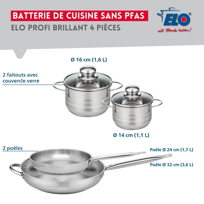 Ensemble de 2 Poêles de cuisson 24 et 32 cm et 2 faitouts 14 et 16 cm Elo Profi Brillant