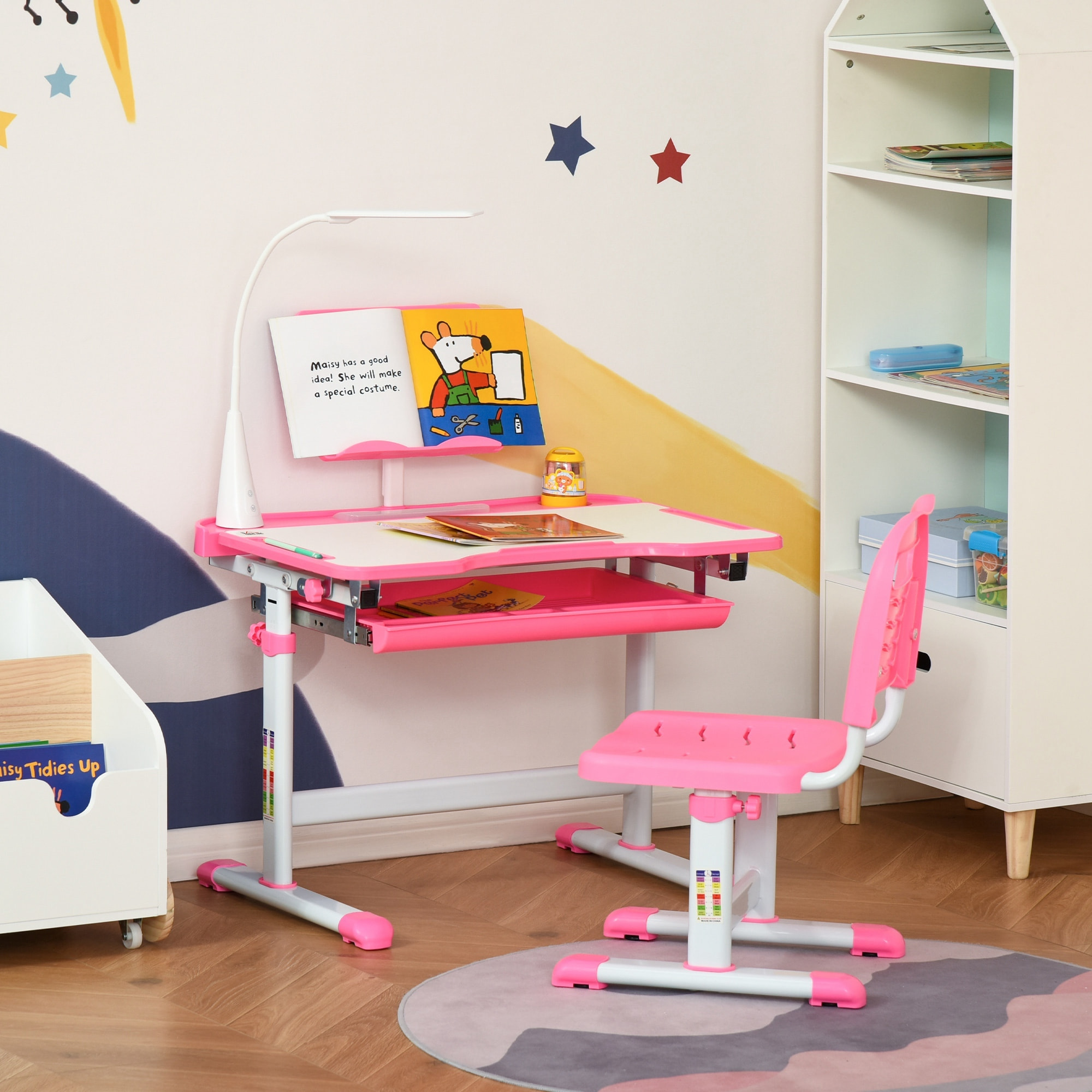 Bureau enfant avec chaise - ensemble bureau et chaise réglable - lampe, support de lecture, tablette coulissante multi-rangement - gris blanc