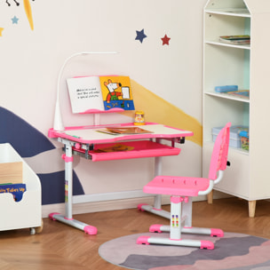 Bureau enfant avec chaise - ensemble bureau et chaise réglable - lampe, support de lecture, tablette coulissante multi-rangement - gris blanc