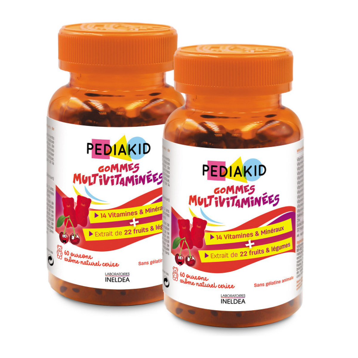 PEDIAKID - Gommes Multivitaminées - Formule Naturelle au Délicieux Arôme de Cerise - Contribue à la Réduction de la Fatigue - Soutient les Défenses Naturelles de l'Organisme - Lot de 2 piluliers