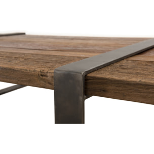 LEONCE - Table basse multi-planches marron bois massif cerclée métal gris anthracite