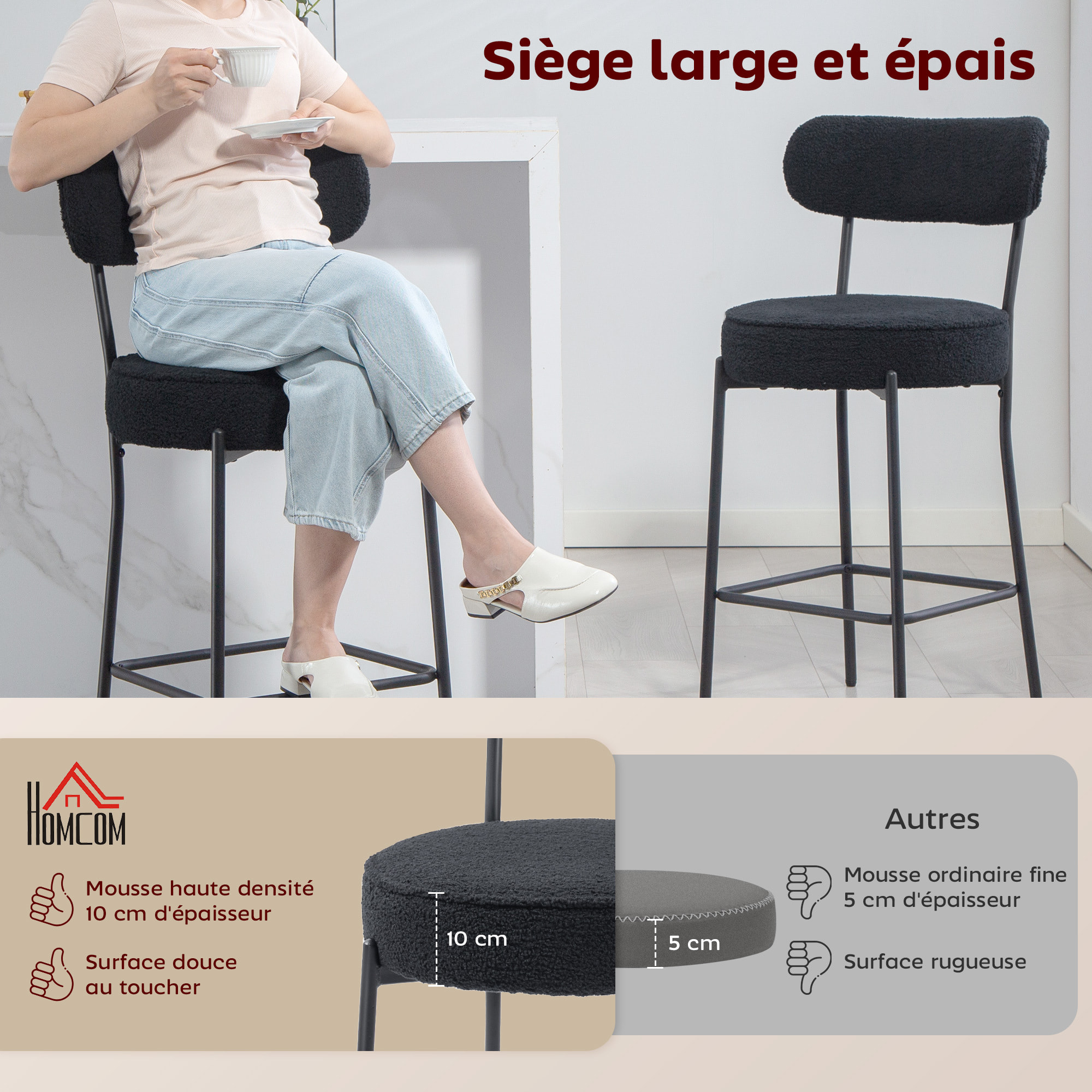 Lot de 2 tabourets de bar en tissu bouclé assise H.68 cm - lot de 2 chaises de bar - acier noir