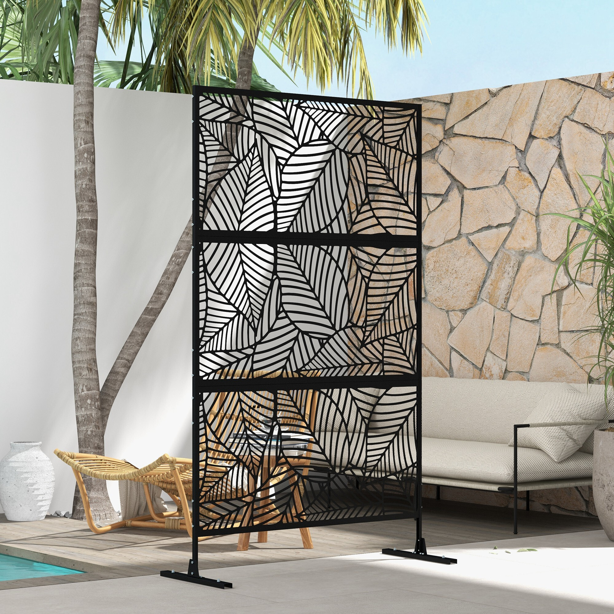 Biombo de 3 Paneles, 122x198 cm, Biombo Separador de Ambientes con Soporte y Tornillos de Expansión, Diseño de Hojas Grandes, para Exterior, Jardín, Patio, Terraza, Negro