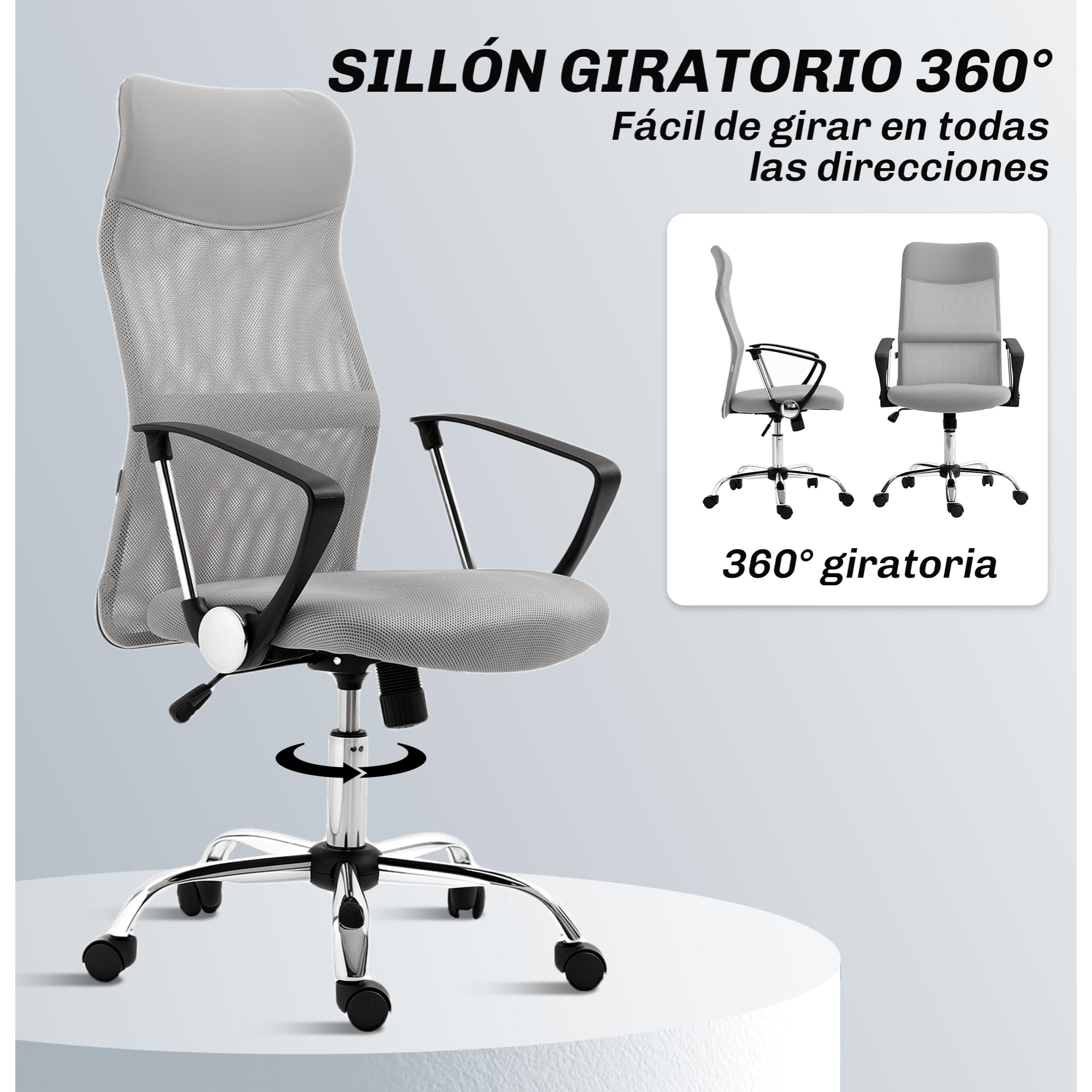 Silla de Oficina de Malla Silla de Escritorio Giratoria con Altura Ajustable Función Basculante Respaldo y Asiento Transpirable Carga 120 kg para Estudio Gris Claro