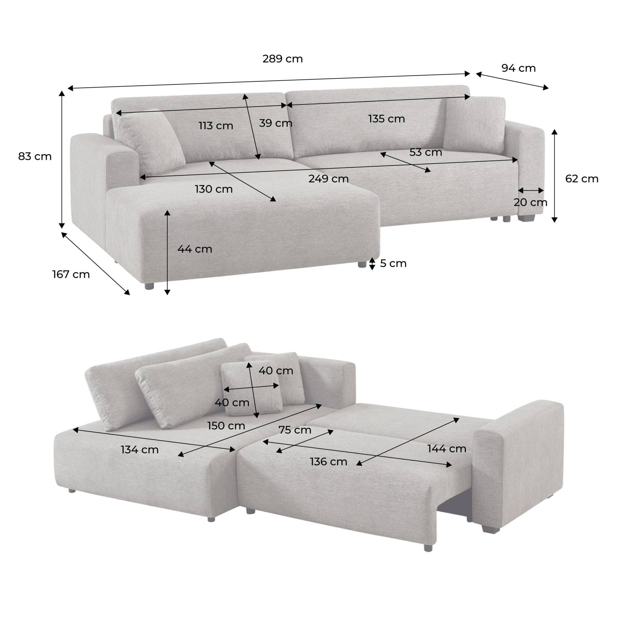 Canapé d'angle gauche convertible 3 places tissu avec coffre WIDE